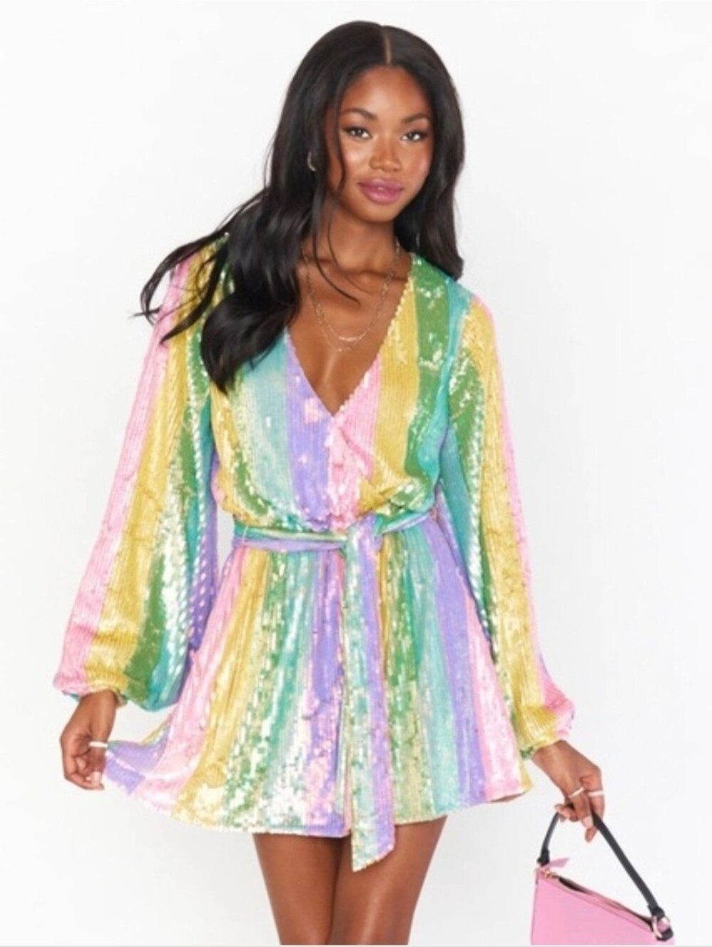 Show Me Your Mumu Wear Me Out Rainbow Stripe Sequin Mini Dress Tie Medium